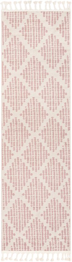 a pink and white area rug with an abstract design on the bottom half of it