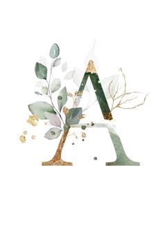 the letter a is made up of leaves and branches with gold glitters on it