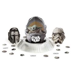 star wars party supplies including masks, plates and confetti cups on a white background