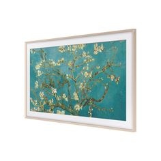 an art piece with white flowers on a blue background, framed in a wooden frame