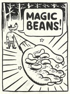 a black and white drawing of a person holding a bag of beans in front of a sign that says magic beans