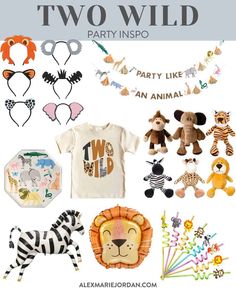 two wild party items including t - shirts, balloons and stuffed animals