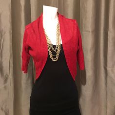 Brand New, Collar, Mesh, True Red Color, 3/4 Sleeve Elegant Red Spring Cardigan, 3/4 Sleeve Fall Cardigan For Party, Fall Party Cardigan With 3/4 Sleeves, 3/4 Sleeve Cardigan For Fall Party, Fitted 3/4 Sleeve Shrug For Fall, Elegant Red Sweater For Spring, Woven Cardigan, True Red, Red Color