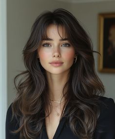 Melena con Reflejos y Capas Largas 🌊 Dark Expensive Brunette, Brunette Hair Women, Haircut 2024 Long Hair, Highlights Auburn Hair, Long Hair For Round Face Shape, Bollywood Hair, Face Framing Highlights, Ideal Face, Framing Highlights