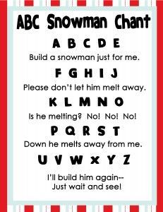 a poster with the words abcc snowman chart in red, white and blue