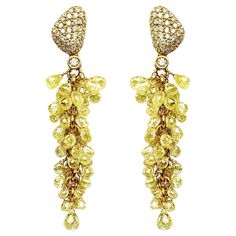 Alex Jona design collection, hand crafted in Italy, beautiful and stunning cluster of diamond briolette cut drops, weighing 2,43 carats set in 18k yellow gold, dangling from a free form central motif set with 0.88 carats of white diamond pavé. L x 1.77in, W x 0.51in. / L x 45mm, -W x 2mm. Alex Jona jewels stand out, not only for their special design and for the excellent quality of the gemstones, but also for the careful attention given to details during all the manufacturing process. Alex's passion for jewels flows in splendid pieces entirely hand-crafted according to the best goldsmith Italian tradition. This piece will arrive at your door beautifully gift wrapped in Alex Jona boxes, put inside an elegant pouch or jewel box. OUR STORY Walking past number eight of Via Bogino, Palazzo Bal Elegant Pouch, Italy Beautiful, Earrings For Sale, Cluster Earrings, Fancy Color Diamonds, Design Collection, Chandelier Earrings, Pave Diamonds, White Diamond