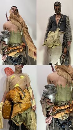 four different images of a man wearing clothes made out of cloths