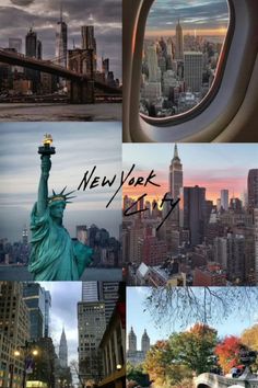 the new york city skyline is shown in this collage