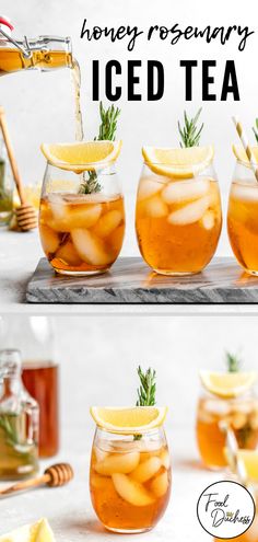 honey rosemary iced tea in mason jars with lemon slices