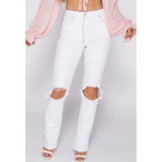 Bring In Spring With A Pair Of These Straight Leg, High Waist, Ripped Knee Jeans. Pair With A Trendy Top And Heels And You Are All Set! Denim Straight Leg Jeans Distressed Knee Rip High Waist Relaxed Fit Approx Length Is 106cm Model Is 5ft 7" & Wears Uk Size 8/Eu Size 38/Us Size 4/Aus Size 8 99% Cotton 1% Elastane Machine Washable White Zip Fly Bottoms For Spring, White Bottoms With Zip Fly For Spring, White Spring Bottoms With Zip Fly, Trendy White Bottoms With Zipper Closure, White Jeans With Zipper Closure For Spring, Parisian Jeans, Ripped Knee Jeans, Parisian Women, Distressed Mom Jeans