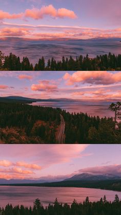 three different shots of trees and water at sunset or dawn with clouds in the sky