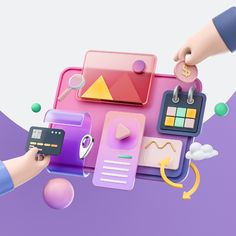 a person holding a smart phone next to an assortment of items on a purple background