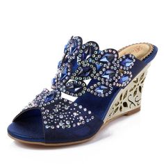 PRICES MAY VARY. Rubber sole Heel measures approximately 3.15 inches" Blue Wedge Sandals, Women Wedges, Womens Golf, Rhinestone High Heels, Sandals Wedge, Open Toe Slippers, Embellished Heels, Mid Heel Sandals, Sandal Platform