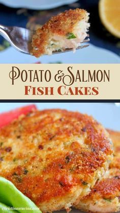 two pictures of fish cakes with lemon wedges on top and the same one in front