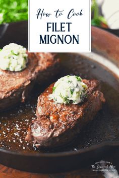 two steaks in a skillet with butter and parsley on top, ready to be eaten