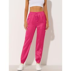 Master the chic look while staying comfy with the High Waist Satin Cargo Pants. The soft satin fabric shapes the stylish pants with an elasticized, drawstring waist and loose straight legs. Elastic waist with matching color drawstring, and relaxed elastic cuffs at the ankles, easy to pull on and take off. Two cargo pockets make you look cool. Pink Drawstring Sweatpants For Leisure, Trendy Pink Sweatpants For Sports, Trendy Pink Sweatpants With Drawstring, Stretch Pink Pants With Drawstring, Pink Stretch Pants With Drawstring, Trendy Pink Drawstring Pants, Pink Athleisure Joggers With Drawstring, Pink Sweatpants With Elastic Waistband For Sports, Pink Stretch Bottoms For Leisure