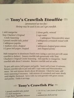 the recipe for tony's crawfish equiffe