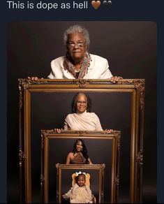 an old woman holding two framed pictures with the caption, this is dope as hell