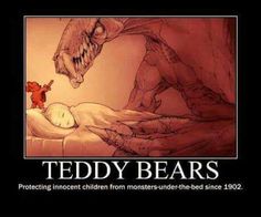 a poster with an image of a teddy bear laying in bed next to a dragon