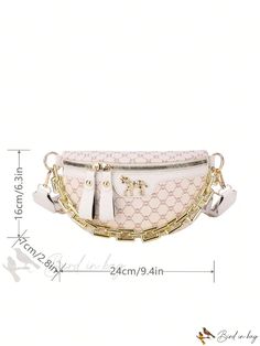 Bird in Bag - Geometric Pattern Chain Waist Bag Chic Rectangular Belt Bag With Chain Strap, Elegant Gold Bag With Chain Print, Trendy Belt Bag With Chain Strap, Chic Crossbody Belt Bag With Chain Strap, Trendy Beige Shoulder Bag With Gold Chain, Beige Pattern, Bird In Bag, Waist Bag, Sling Bag