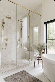 a bathroom with a tub, shower and rug