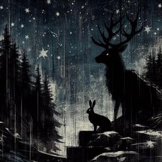 a deer sitting on top of a rock under a night sky