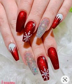 Xmas Nail Art, Glitter Nails Acrylic, May Nails, Red Acrylic Nails, Christmas Gel Nails, Purple Nail