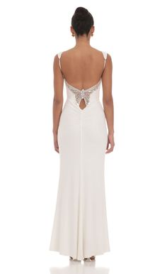 Back Sequin Butterfly Maxi Dress in White | LUCY IN THE SKY White Butterfly Dress, Butterfly Maxi Dress, Unique Formal Dresses, Sequin Butterfly, White Dress Formal, Prom Dress Inspo, White Prom Dress, Lucy In The Sky, Long White Dress