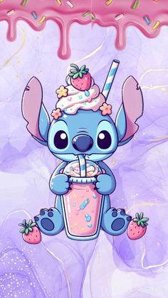 a cartoon character holding a drink with sprinkles and strawberries on it