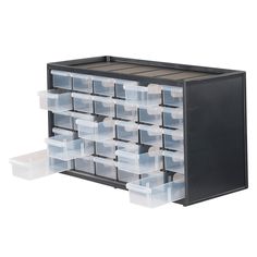 a black drawer with clear drawers and plastic containers on the bottom, all stacked together