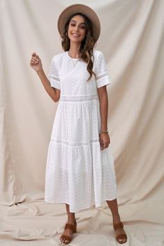 White Hollow Short Sleeve Round Neck Cotton Maxi Dress - Hot Sale - Petallush Spring Tiered Maxi Dress With Lace Trim, Summer Midi Dress With Cutwork Hem And Short Sleeves, Elegant Spring Maxi Dress With Cutwork Hem, Elegant Maxi Dress With Cutwork Hem For Spring, Casual Short Sleeve Maxi Dress With Floral Embroidery, Modest Lace Trim Summer Dress, Modest Summer Dresses With Lace Trim, Elegant Spring Maxi Dress With Embroidered Hem, Modest Midi Dress With Lace Trim