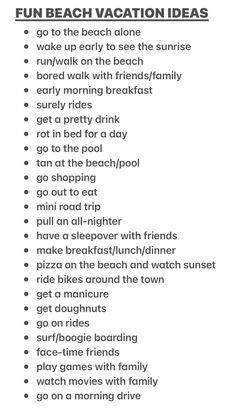 the fun beach vacation ideas list is shown in black and white, with text on it