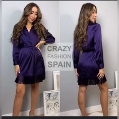 Zara Dress In Dark Purple Color, Size M With Long Sleeves And Zipper On One Side, Satin Fabric And Fringed At The Bottom. Elegant Purple Zara Mini Dress, Zara Purple Long Sleeve Dress, Zara Dresses, Dark Purple, Satin Fabric, Purple Color, New Dress, Zara, Satin