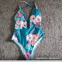 Never Worn! Brand New Without Tags. Color Is Closer To Teal Than Blue. Cute One-piece Swimwear For Vacation, Cute Printed Swimwear For Poolside, Green Printed Beach Bodysuit, Cute Printed Swimwear For Vacation, Cute One-piece Swimwear For Pool, Green Floral Print Summer Bodysuit, Green Printed Bodysuit For The Beach, Casual One-piece Floral Print Bodysuit, Casual Floral Print One-piece Bodysuit