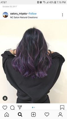 Fun Colour Hair Ideas, Purple Hair Colour On Black Hair, Purple Dip Dye Hair Black, Partial Purple Highlights, Underlayer Hair Color Short, Lilac Dip Dye Hair, End Hair Color Ideas, Pink Lowlights In Black Hair, Subtle Purple Hair Highlights