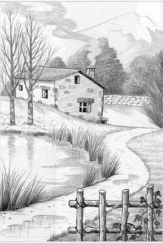 a black and white drawing of a house next to a body of water with the words nifty artistry on it