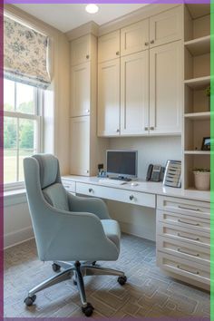 a chair in front of a desk with a computer on it