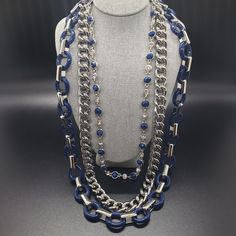 Lia Sophia Triple Chain Necklace Is Absolutely Perfect! 17.5 In Length 20in Length 22 In Length Gorgeous Blue Silver Plated Crystals Adjustable Made So Nice ! Top Quality Brand New With Tags Elegant Blue Clavicle Chain Necklace, Elegant Blue Long Chain Necklace, Elegant Long Blue Chain Necklace, Elegant Blue Beaded Chain Necklace, Elegant Blue Chain Necklace For Party, Silver Beaded Chain Layered Necklace, Silver Layered Beaded Chain Necklace, Blue Long Necklace With Adjustable Chain, Blue Silver Chain Necklace As Gift