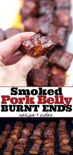 smoked pork belly burnt ends on a grill with text overlay that reads smoked pork belly burnt ends