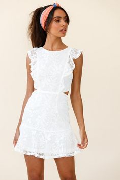 Shop Dresses | Hot Party Dresses | Hot Dresses | Selfie Leslie, Color: White Jackie Dress, Floral Mesh Dress, Bold Lip, Yellow Bridesmaids, Blue Bridesmaids, Clear Heels, Date Night Dresses, Mini Dress Casual, Peek A Boo