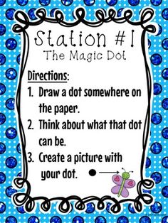 a blue and white polka dot background with the words station 1, the magic dot