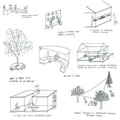 some drawings that are on the side of a wall with trees and people in it