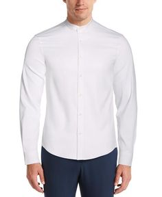 Perry Ellis Untucked Total Stretch Slim Fit Banded Collar Shirt Classic White Shirt With Stand Collar, Banded Collar Shirts, Collarless Shirt, Fashion Italy, White Button Down Shirt, Men's Button Down Shirt, Perry Ellis, Band Collar, Collar Shirt