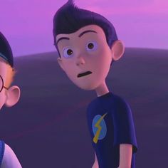 two cartoon characters standing next to each other in front of a purple sky with clouds