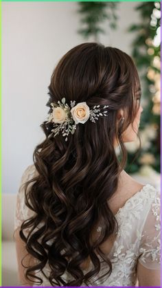 a woman with long hair and flowers in her hair