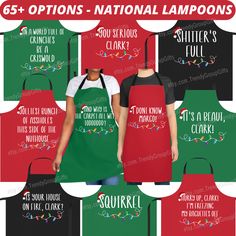 six aprons with different sayings on them