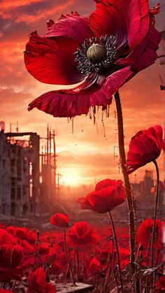 a red flower in front of a sunset with the sun going down and buildings in the background