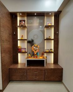 Puja room design simple for home Pooja Room Design Modern Indian, Pooja Room Simple Designs, Pooja Room Indian Traditional, Simple Mandir Design Puja Room, Big Pooja Room Design, Contemporary Pooja Room Designs, Mandir Simple Design, Pooja Room Cabinet Design, Pooja Room Wardrobe Design