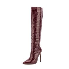 Shop Women's Burgundy Croc Patent Leather Pointed Toe Stilettos Knee High Boots color Burgundy for Anniversary, Going out, Hanging out with worldwide Free shipping & Free return. Burgundy Crocodile Boots, Red Crocodile Boots, Fitted Ankle Strap Boots For Fall, Fall Ankle Strap Boots With 4-inch Heel, High Heel Burgundy Party Boots, Elegant Closed Toe Knee-high Boots For Party, Elegant Fitted Knee-high Boots With Closed Toe, Chic Burgundy High Heel Boots, Elegant Fitted Knee-high Closed Toe Boots