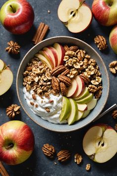 A photo of a  Apple Cinnamon Yogurt Bowl which is a type of fall yogurt bowls Apple Yogurt Bowl, Red Delicious Apples, Healthy Fall, Fall Breakfast, Yogurt Recipes, Fall Treats